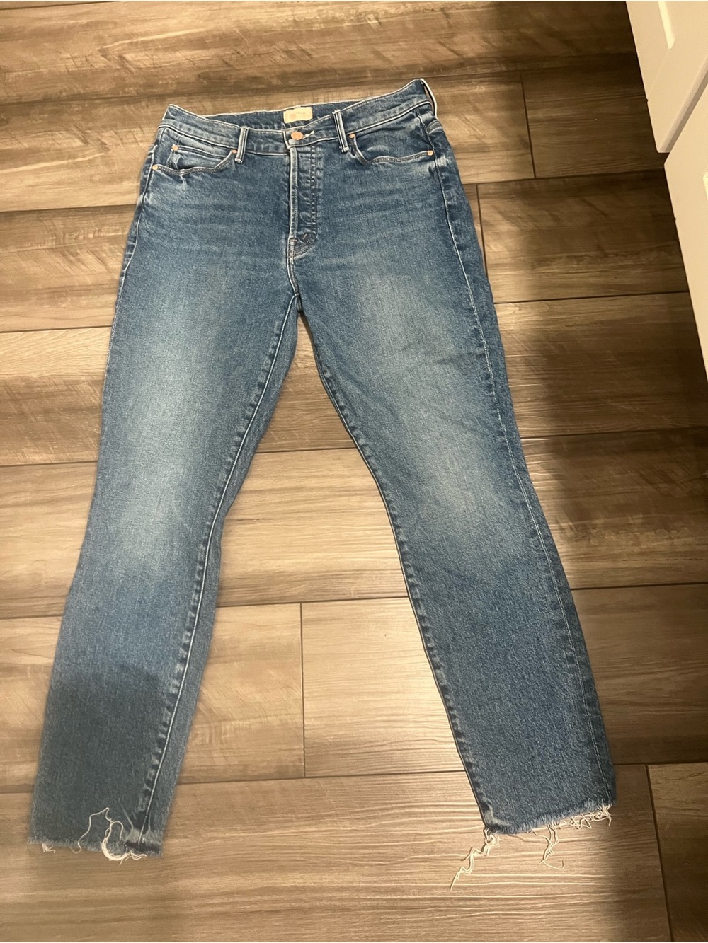 MOTHER Straight-Leg Jeans in Medium Blue with Raw Hem